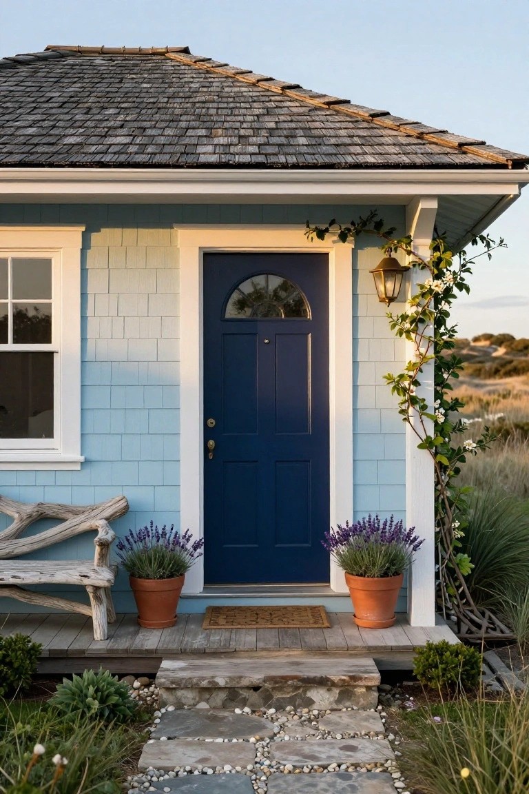 Light blue shingle house exterior showing a navy blue arched front door flanked by potted lavender plants and a driftwood bench on a wooden porch, with a stone pathway leading up.