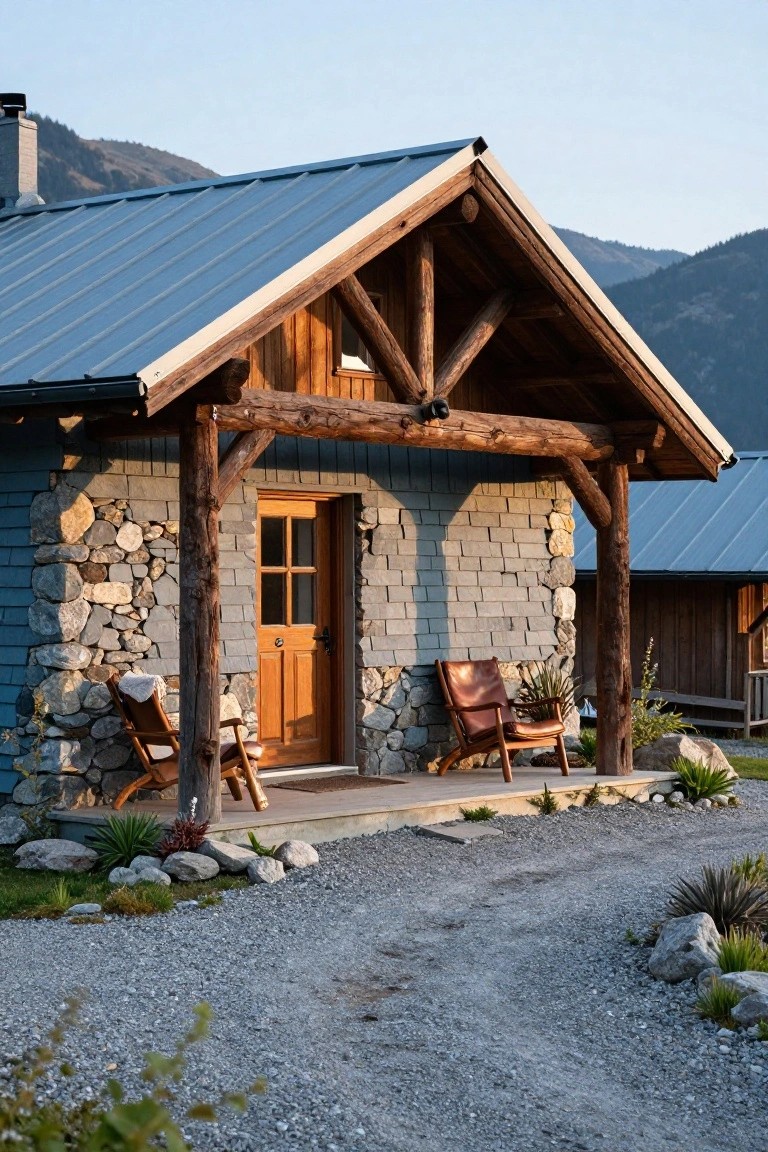 Small cabin with blue-gray stone and shingle siding, metal roof, log beam porch with wooden door and two rocking chairs, gravel path, plants, rocks, and mountains in background.
