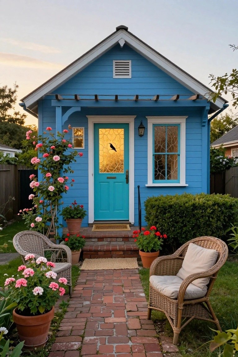 A small turquoise blue clapboard house with white trim, a turquoise front door featuring stained glass, climbing pink roses on the porch posts, potted geraniums and roses, two wicker chairs, and a brick pathway leading to the entry.