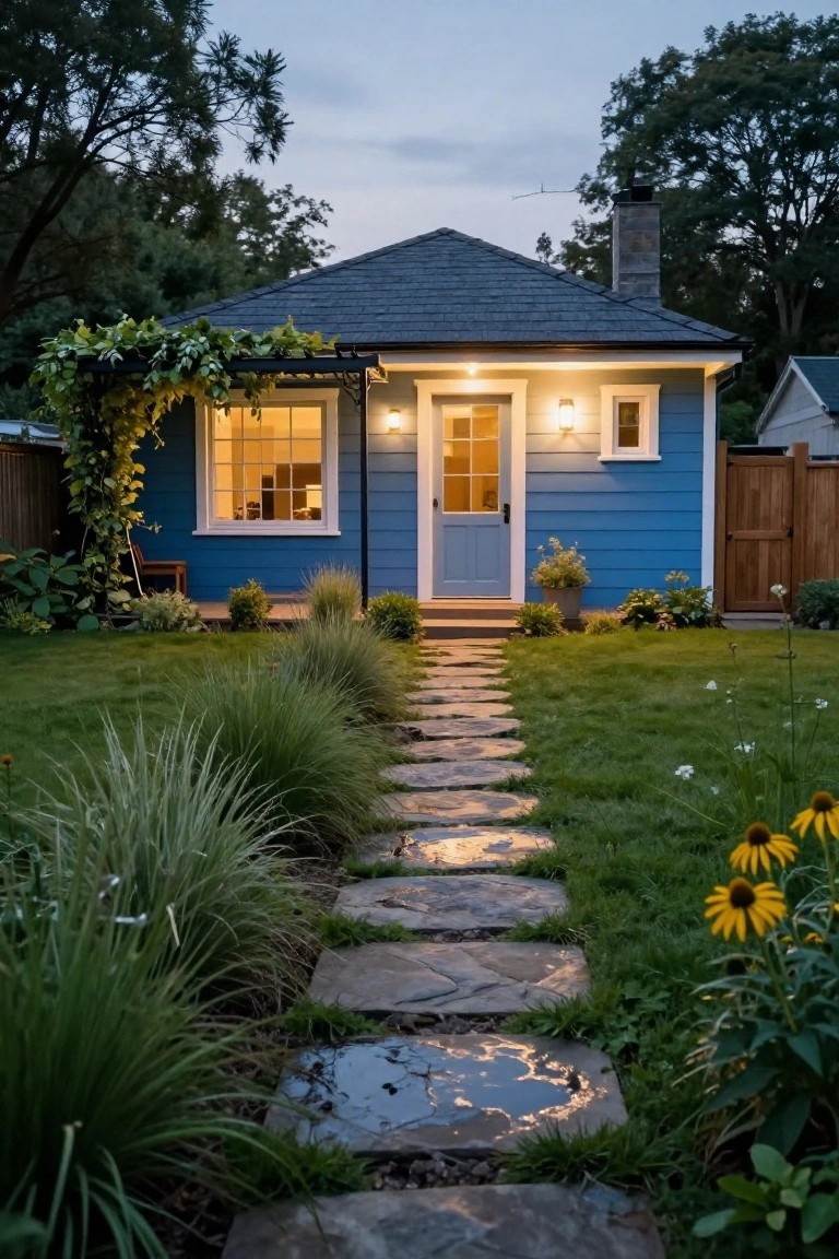 Blue clapboard house exterior at dusk with front porch light on, irregular stone pathway through lawn lined with ornamental grasses and black-eyed Susans, climbing vines on metal pergola by the door, wooden side fence.