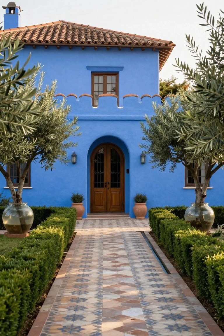 Blue stucco house with terracotta tile roof, arched wooden double doors, large olive trees in glass pots flanking the entry, boxwood hedges, and a patterned tile pathway.
