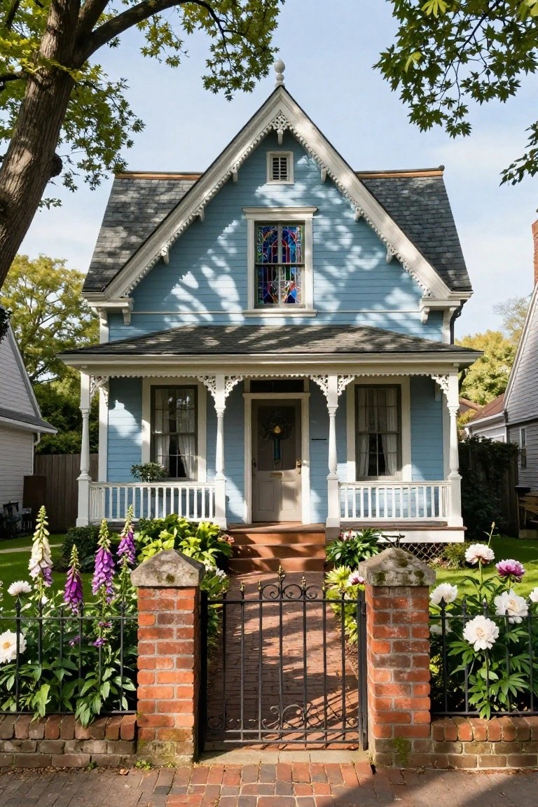 Light blue Victorian-style house with gray shingle roof, white gingerbread-trimmed porch, stained glass window, front door, brick path with wrought iron gate, and garden beds with foxgloves and peonies.