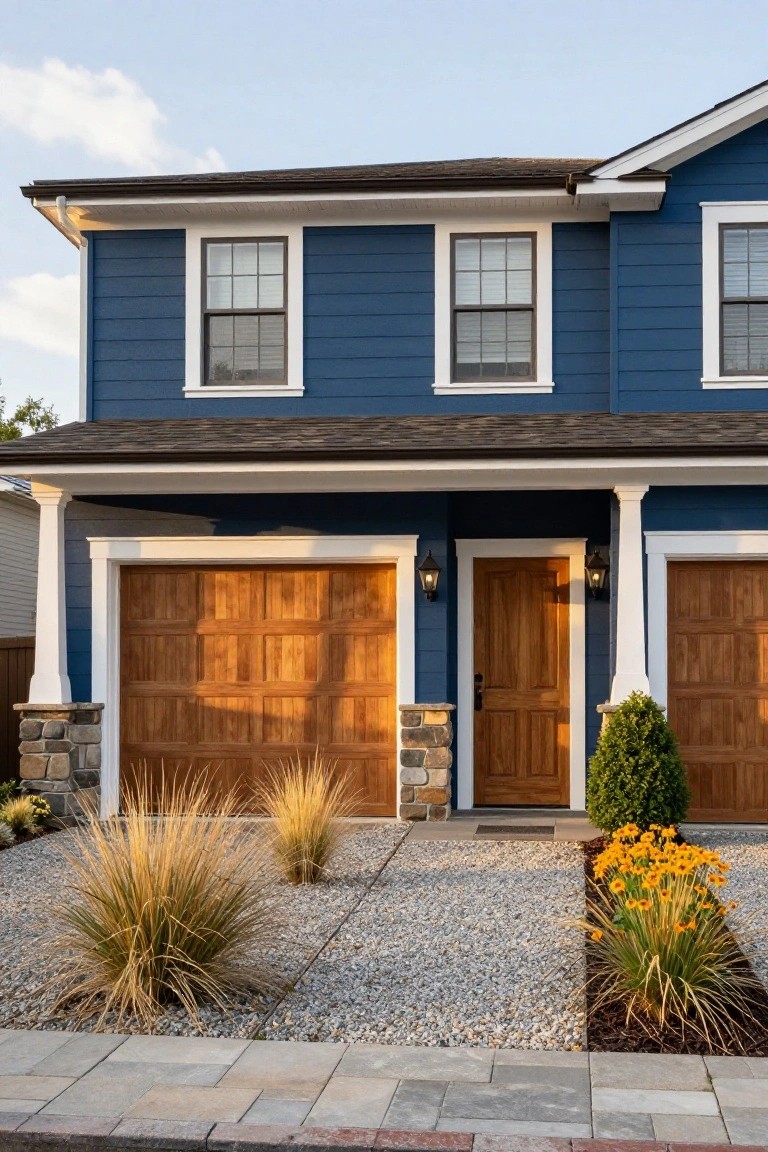 Navy blue house exterior with two wooden garage doors, wooden front door, white porch columns, stone pillars, and front yard landscaping of gravel, ornamental grasses, and yellow flowers.