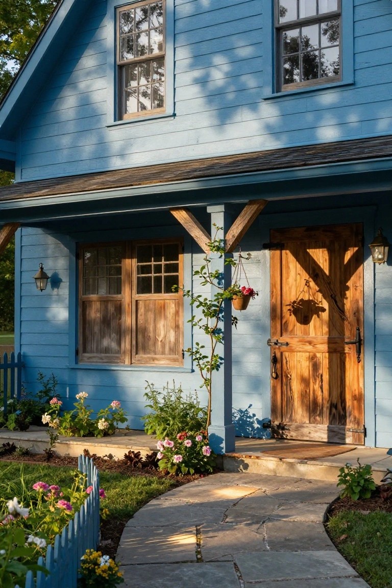 Blue clapboard house exterior with covered front porch supported by wooden beams, wooden entry door, hanging plants, flower beds, picket fence, and stone path.