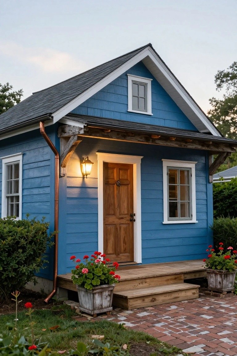 Small blue clapboard house with dark wooden front door, wooden porch steps and brackets, wall lantern, copper downspout, potted red geraniums, brick path, and garden plantings at evening light.