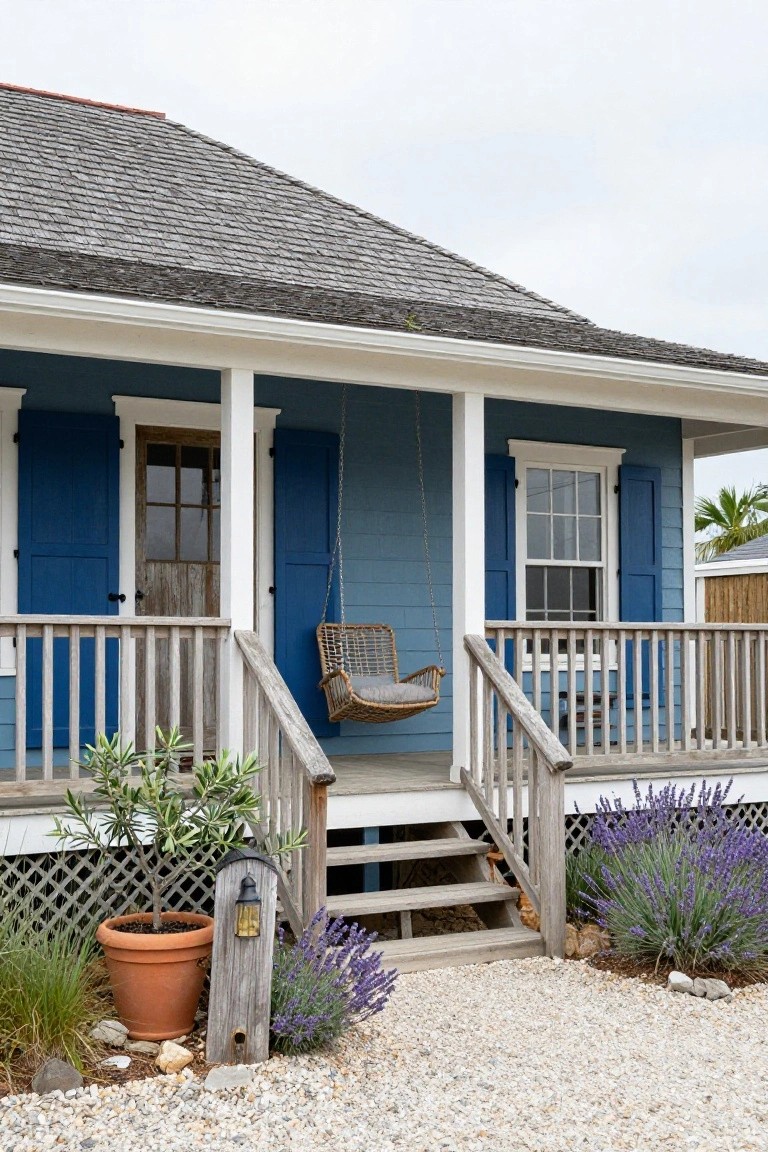 Blue clapboard house with white trim and porch featuring wooden railings, steps, hanging rattan swing, blue shutters on windows and doors, and front landscaping with olive tree in terracotta pot, lavender bushes, and gravel path.