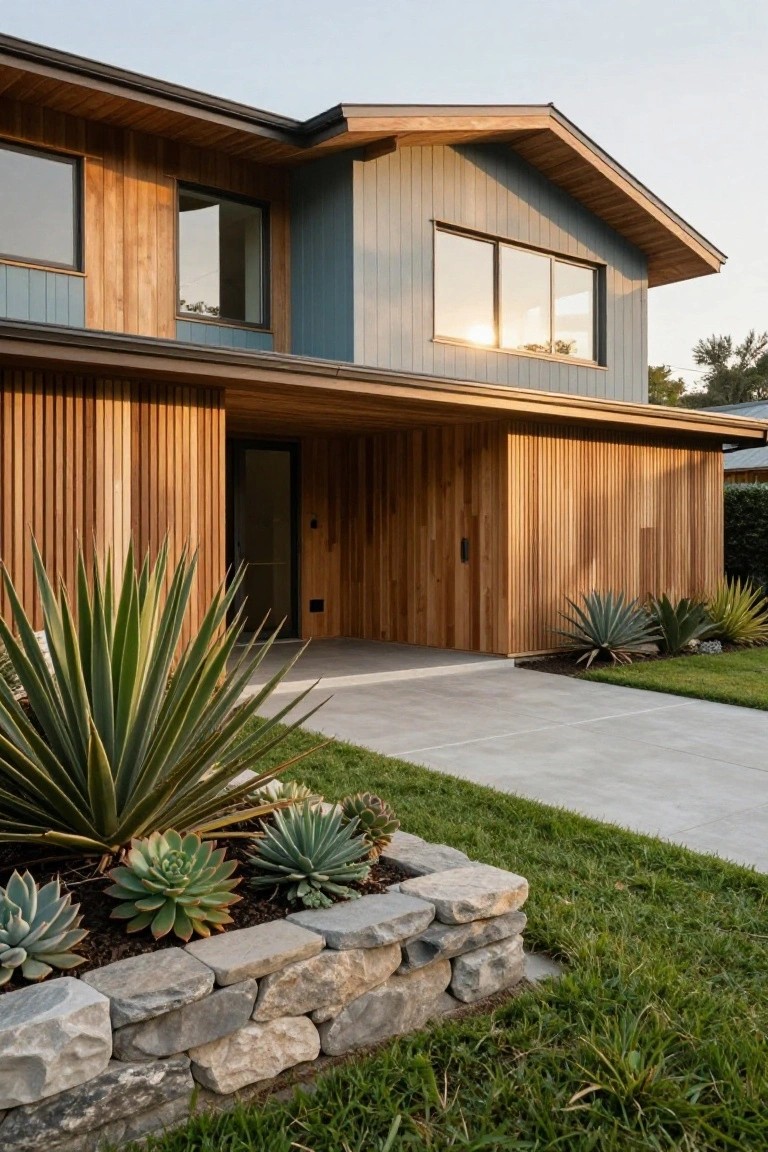 Modern two-story house exterior featuring light blue vertical siding, light wood vertical slats cladding the entry overhang and adjacent walls, large windows, concrete driveway, and agave plants in a stone-edged bed.