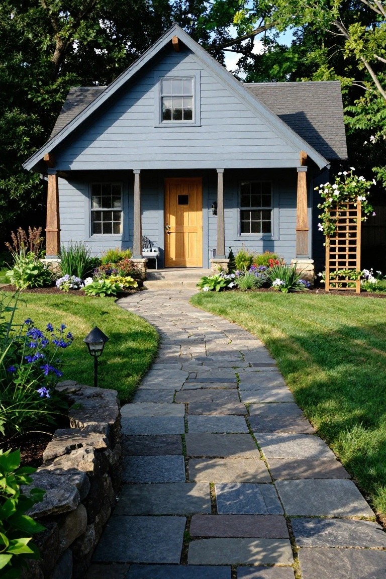 A small two-story blue clapboard house with gabled roof, covered front porch supported by square timber posts, yellow wooden front door, stone pathway leading to the porch, and surrounding gardens with flowers and shrubs.