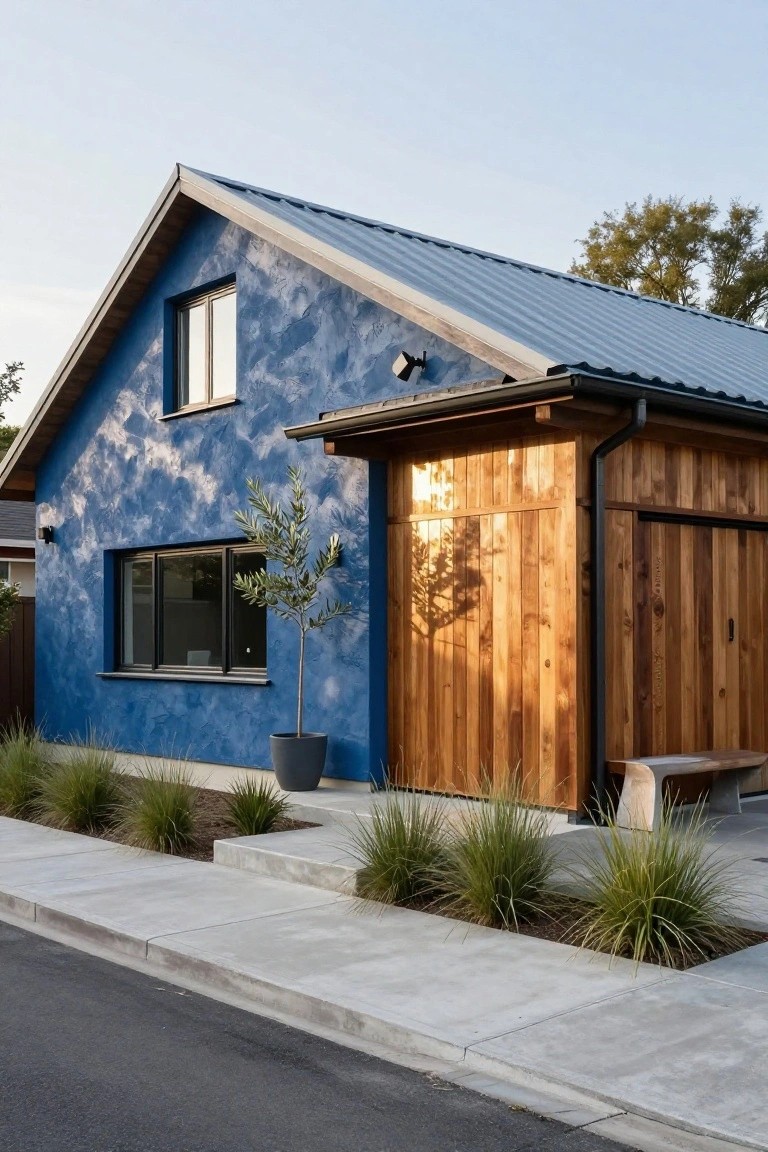 Blue textured stucco house exterior with large vertical wood plank garage door, metal roof, potted olive tree, ornamental grasses, and concrete sidewalk.