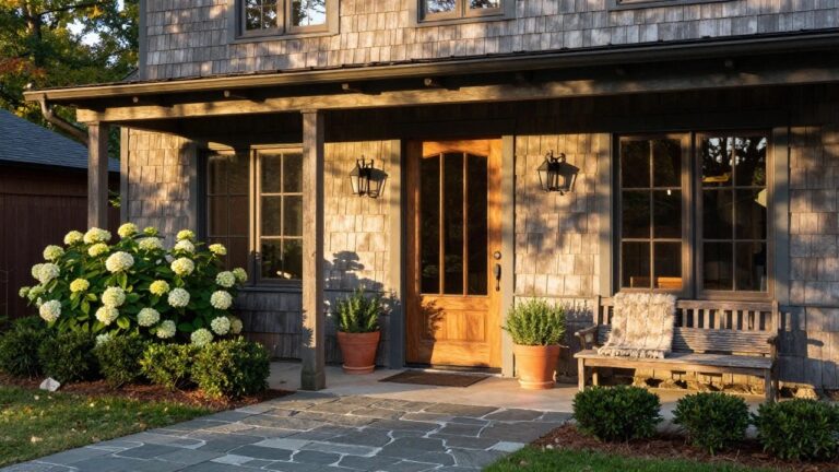 Wooden shingled house facade with timber porch posts, gabled roof, glass-paneled wooden door, wall lantern, bench with potted plant, large white hydrangea bush beside stone retaining wall, flagstone steps, and path.