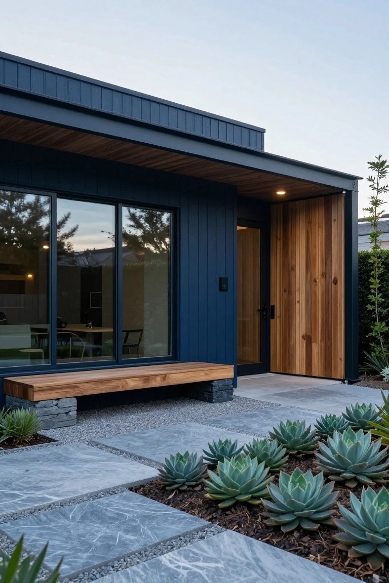 Modern navy blue board-and-batten house exterior with a recessed wooden entry door, sidelight, bench on stone base, large glass windows, and agave plants in gravel and paver courtyard.