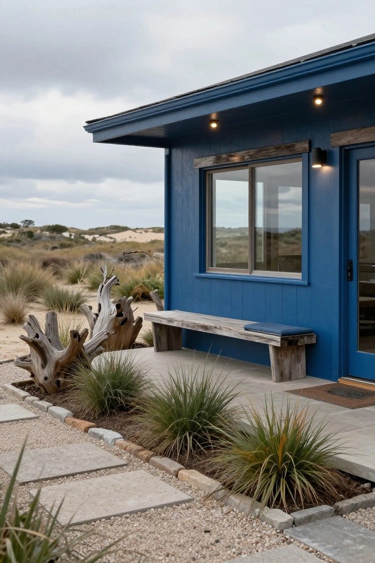 Blue painted wooden house with large sliding window and door, weathered driftwood bench on concrete pad, native grasses and stone path edging, driftwood sculptures, set in sandy dune landscape under cloudy sky.