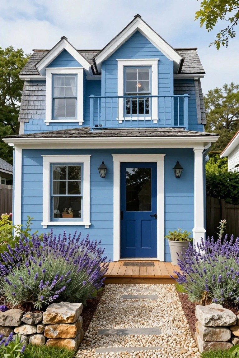 Small two-story blue clapboard house with white trim, gabled shingle roof, dark blue front door, wooden porch deck, lanterns, lavender plants, stone borders, gravel path, and surrounding greenery.