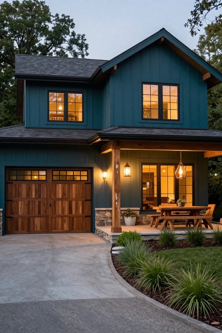 Two-story house with dark teal vertical siding, dark wood double garage door, covered porch with hanging light, stone pillars, potted plants, and curved driveway edged by grasses at dusk.