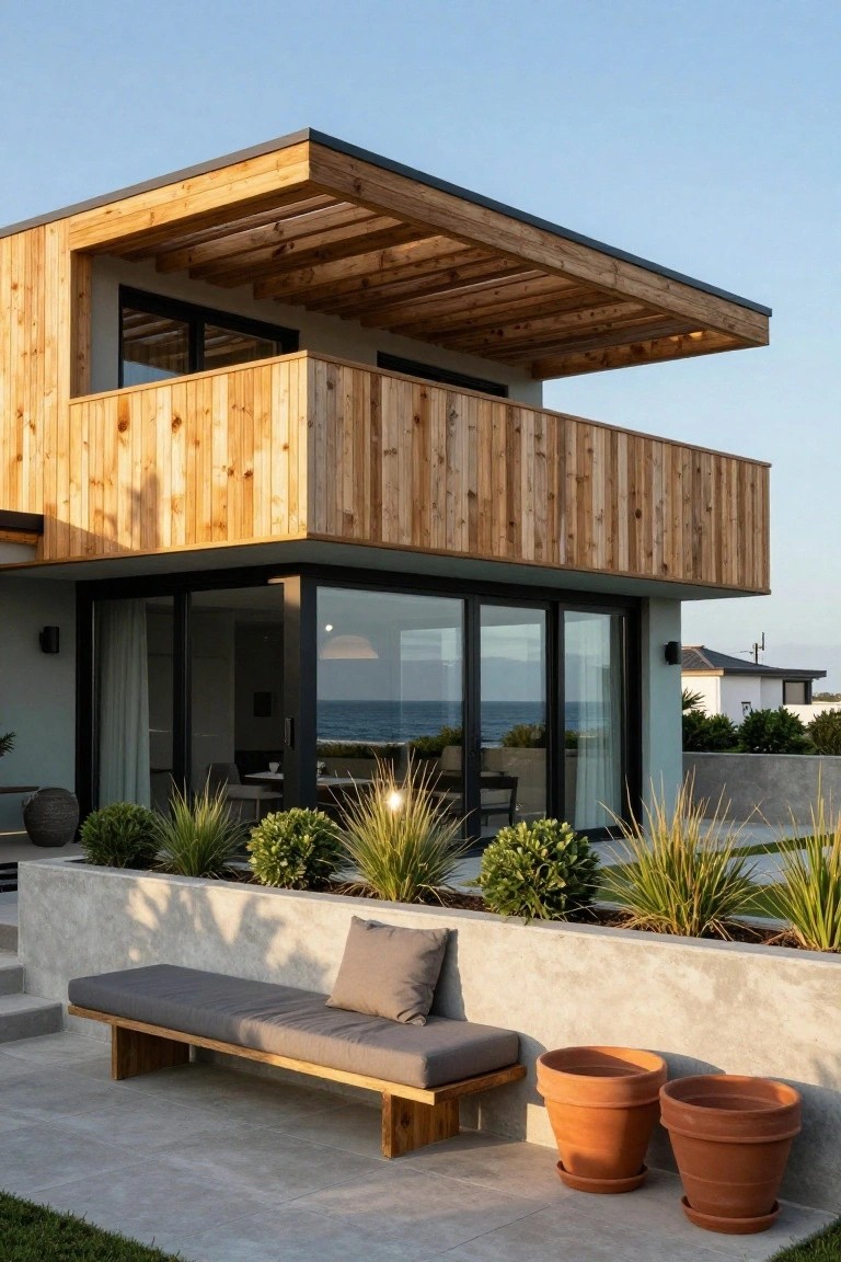 Two-story modern house exterior with vertical golden wood siding on the cantilevered upper level, large black-framed glass corner doors and windows on the lower level overlooking the ocean, concrete retaining wall with plants, wooden bench, and terracotta pots on a paved patio.