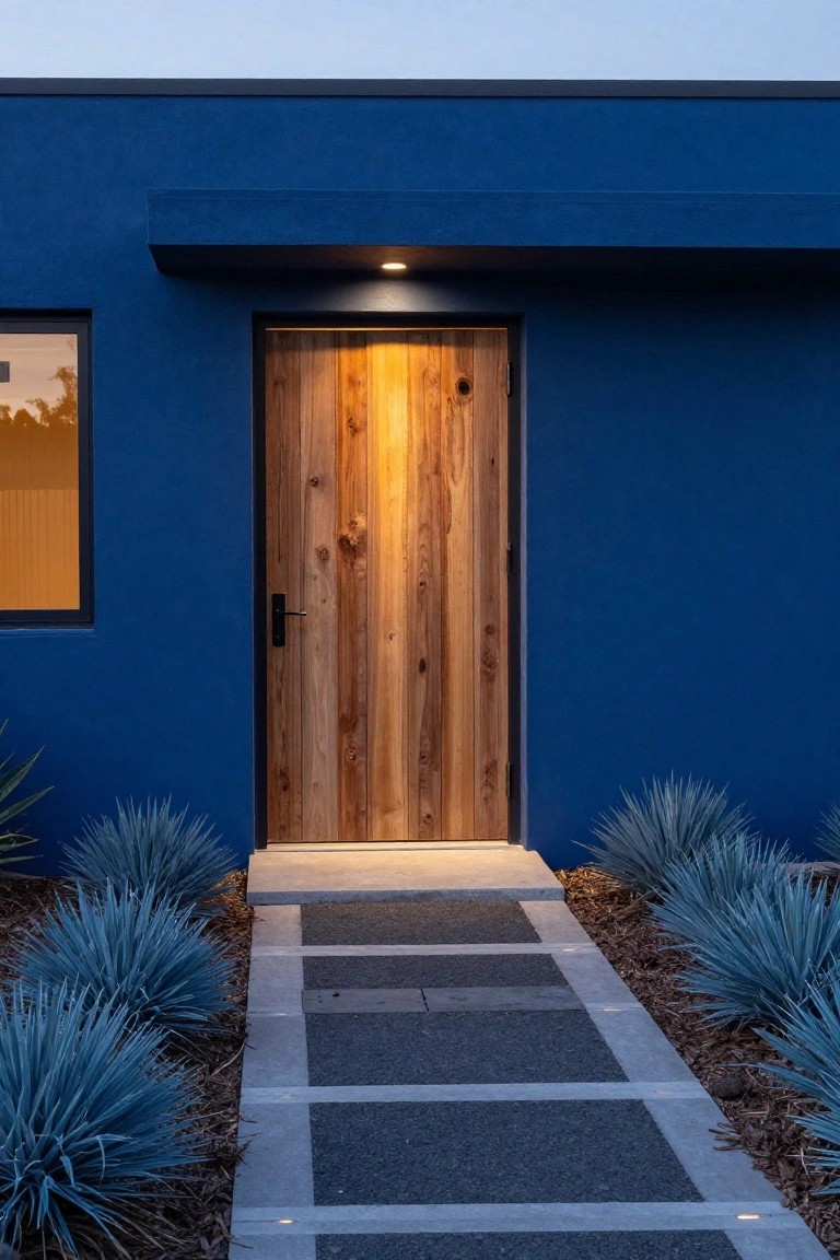 Blue stucco house exterior with a tall vertical wood plank front door lit from above, concrete paver pathway leading to it, and blue agave plants along the edges at dusk.