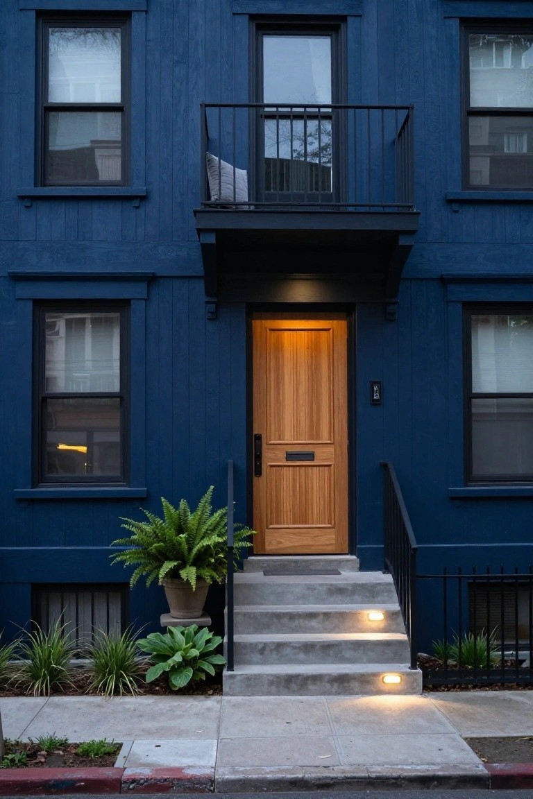 Deep blue painted house facade with light wood paneled front door, black metal balcony above, potted ferns and hostas beside concrete steps with edge lights, and small sidewalk plants.