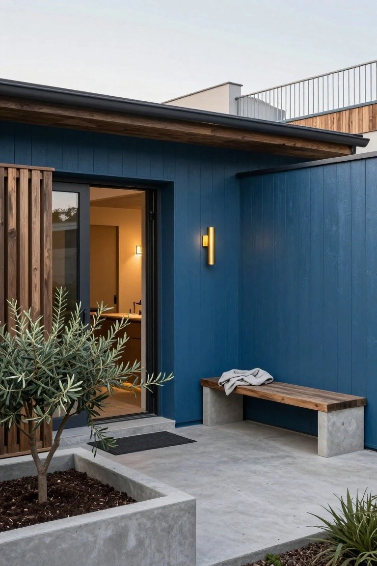 Blue painted vertical board exterior wall of a modern house with open wood-slatted entry door revealing interior glimpse, gold cylindrical wall light, wooden bench on concrete bases, olive tree in square concrete planter, and concrete entry patio.
