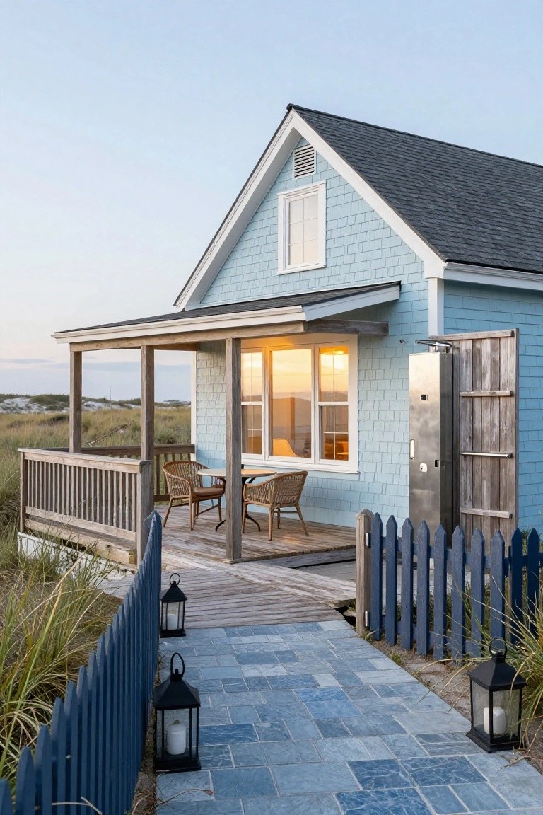 Light blue shingled cottage with wooden porch posts, deck railing, rattan chairs and table, stainless outdoor shower, blue picket fence along a bluestone path, near beach dunes and grasses at dusk.