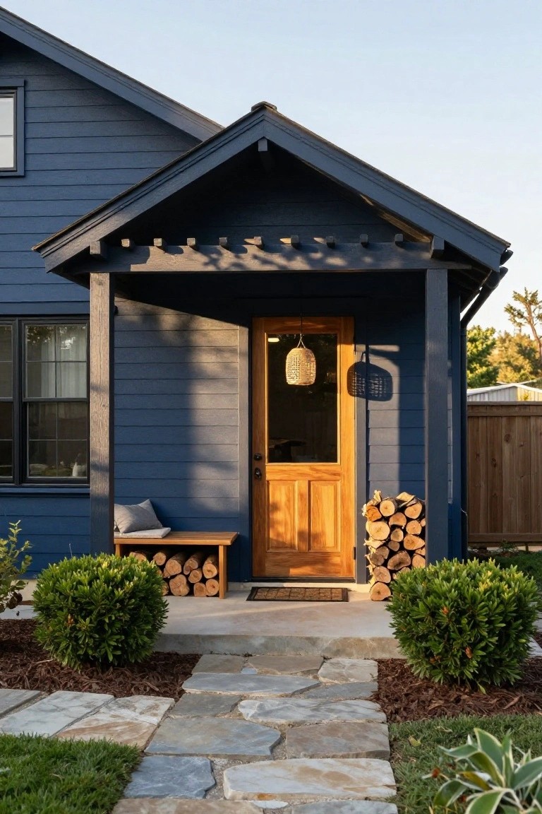 Dark blue clapboard house facade with wooden front door under a covered porch, bench with cushion and firewood stack beside another firewood pile, flanked by boxwood shrubs, stone pathway, and mulch garden beds.