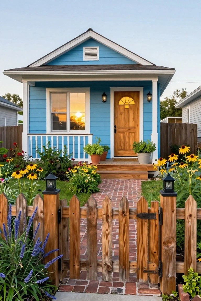 Blue clapboard house with gabled roof, white trim, wooden front door featuring arched glass window and brass knob, flanked by lanterns, porch railing, brick pathway, wooden picket fence, and garden beds with flowers and plants at dusk.