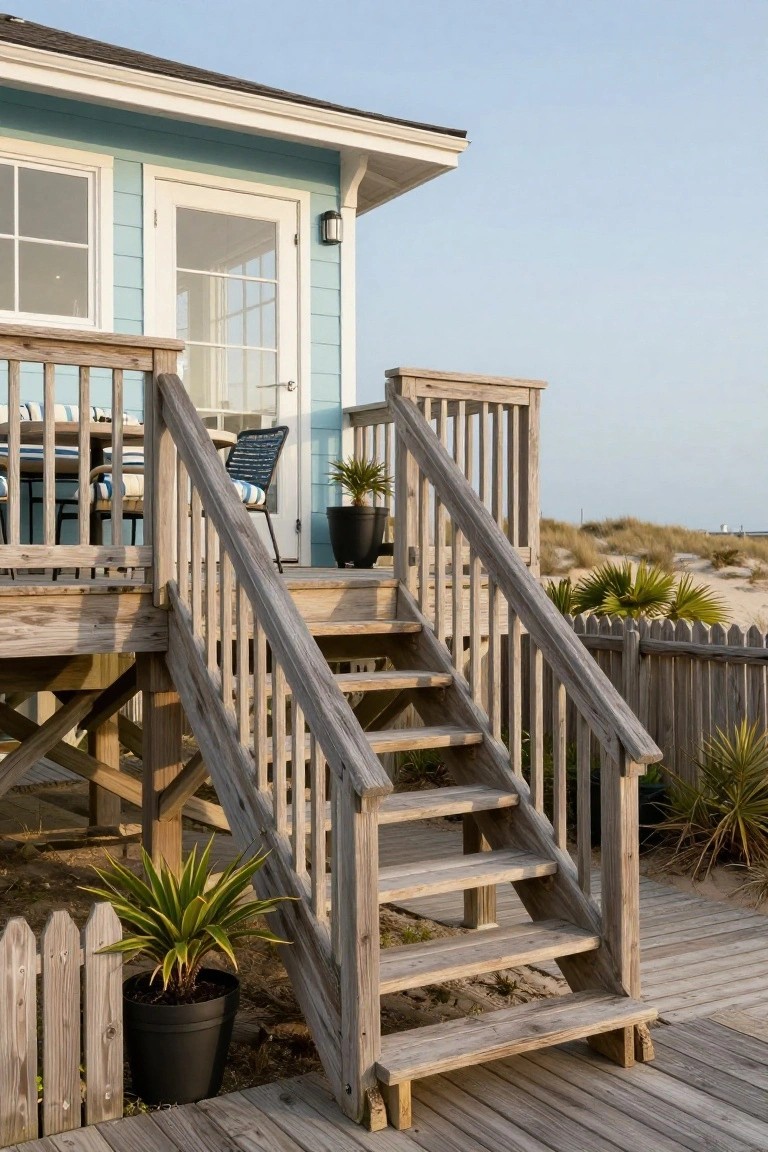 Light blue beach house elevated on wooden pilings with weathered wood stairs and deck leading to a glass door, flanked by potted palms and dune grasses near a sandy path.