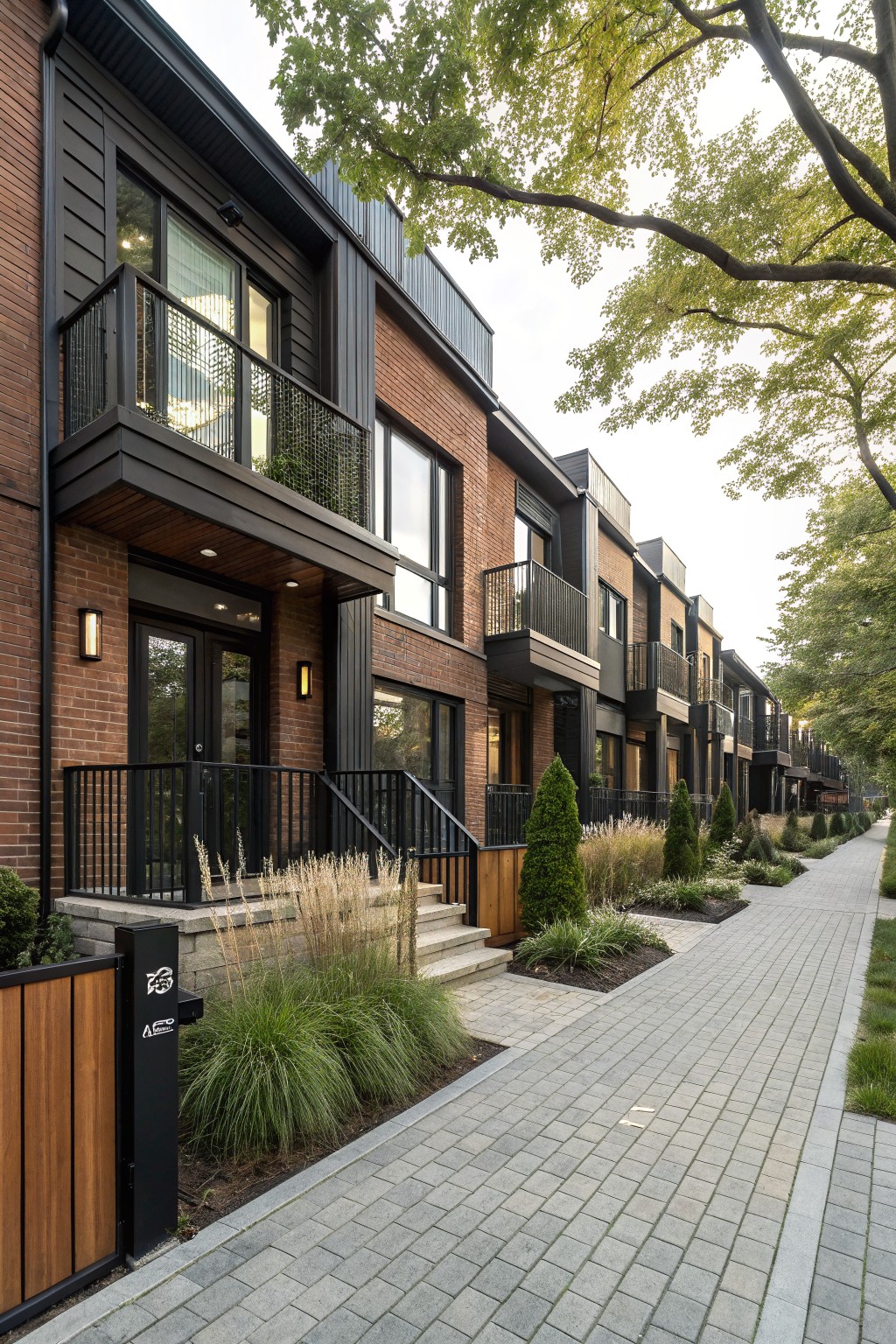 Row of modern attached townhouses with red brick lower walls, dark vertical cladding on upper levels, black metal balconies and railings, wood entry overhangs, steps with ornamental grasses, shrubs, and a paved walkway.