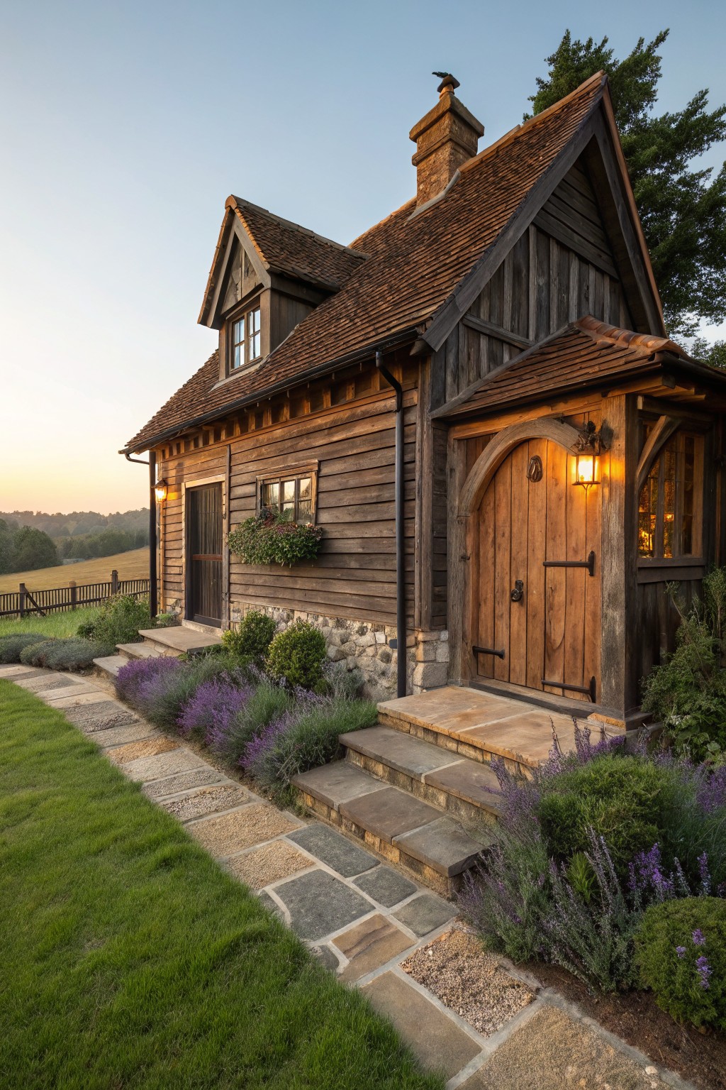 A small rustic cottage with dark brown wood siding and timber framing, featuring an arched wooden entry door with lantern light, stone base, red tile roof, flower boxes, lavender borders, stone steps, and a flagstone path on a green lawn at dusk.