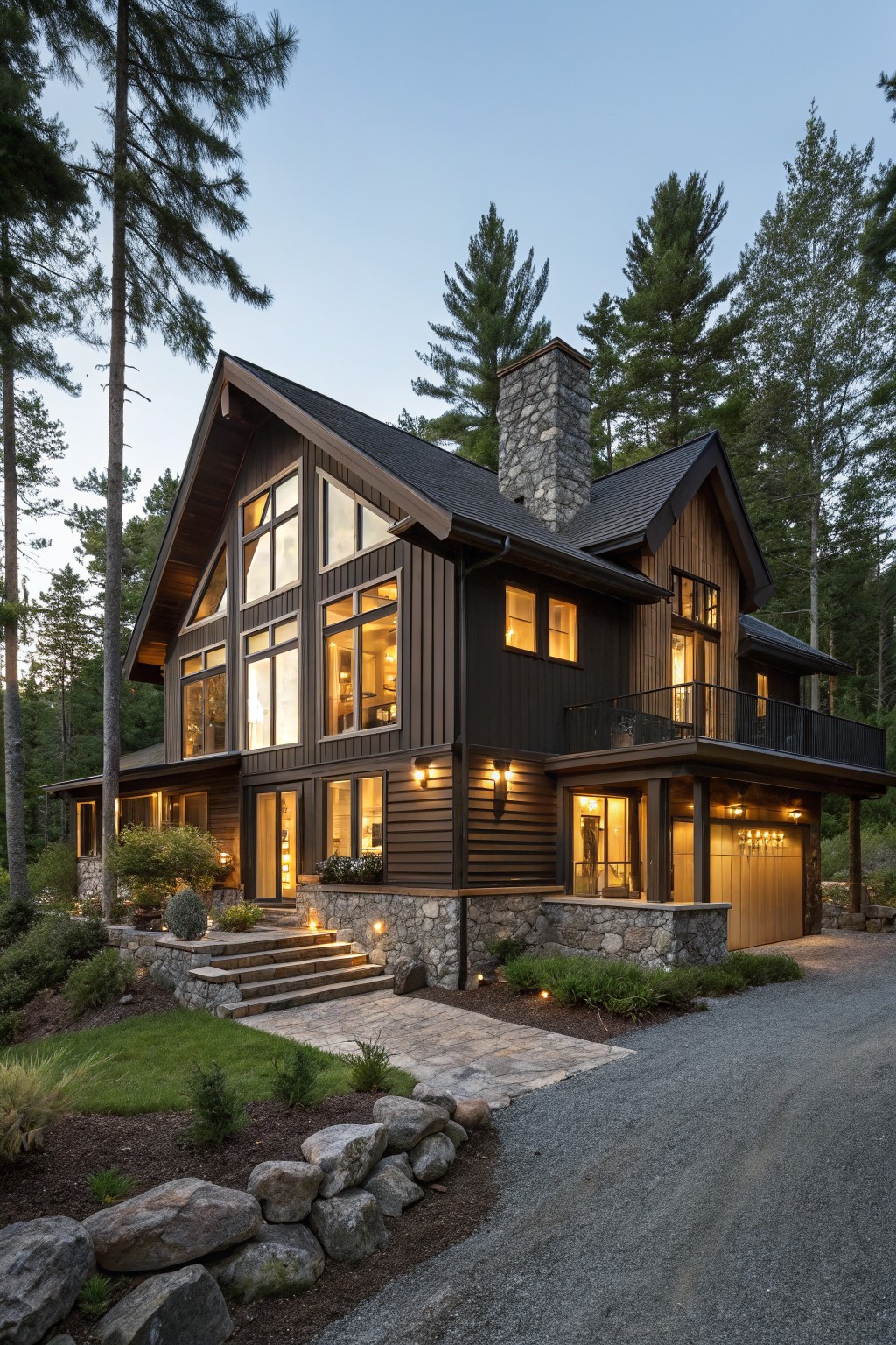 A two-story dark brown wooden house with a prominent gabled front featuring large triangular windows, a stone chimney, entry steps, garage door, and surrounding pine trees and landscaping.
