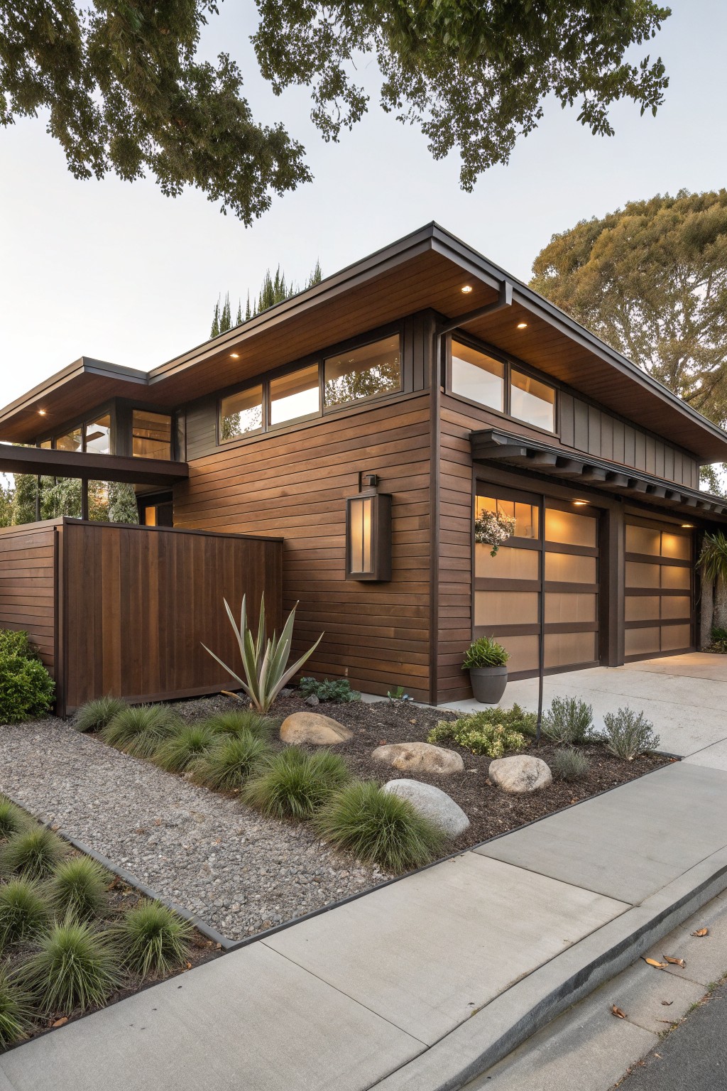 Modern single-story house exterior with dark brown vertical wood cladding, cantilevered roof sections, large frosted glass garage doors, wall-mounted lantern lights, and front yard featuring gravel paths, agave plants, grasses, and boulders.