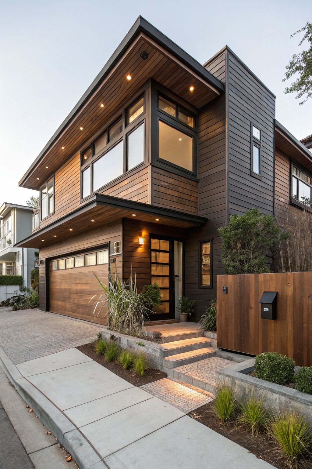 Modern two-story house exterior with dark brown vertical wood siding on lower levels, warm horizontal cedar wood on overhanging upper section and garage door, large windows, glass entry door, front steps, and low plantings along the sidewalk.