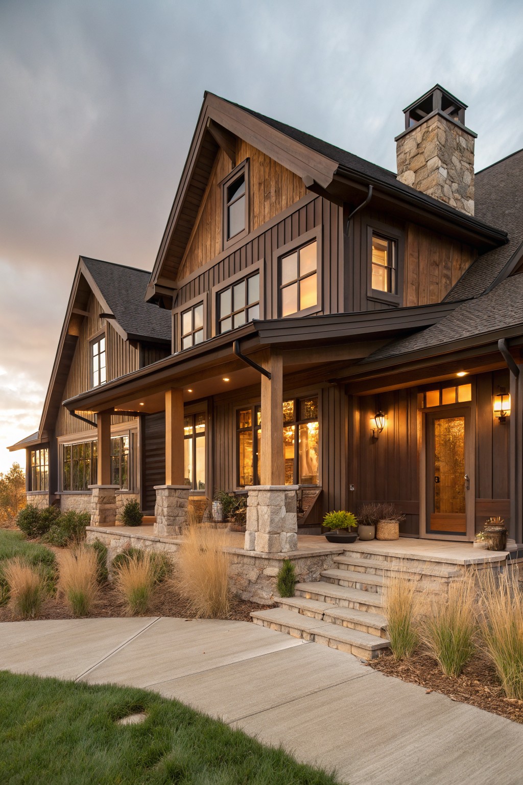Two-story house exterior with dark brown vertical wood siding, stone chimney and porch pillars, covered front porch with steps, large windows, and ornamental grasses in the landscaped yard at dusk.