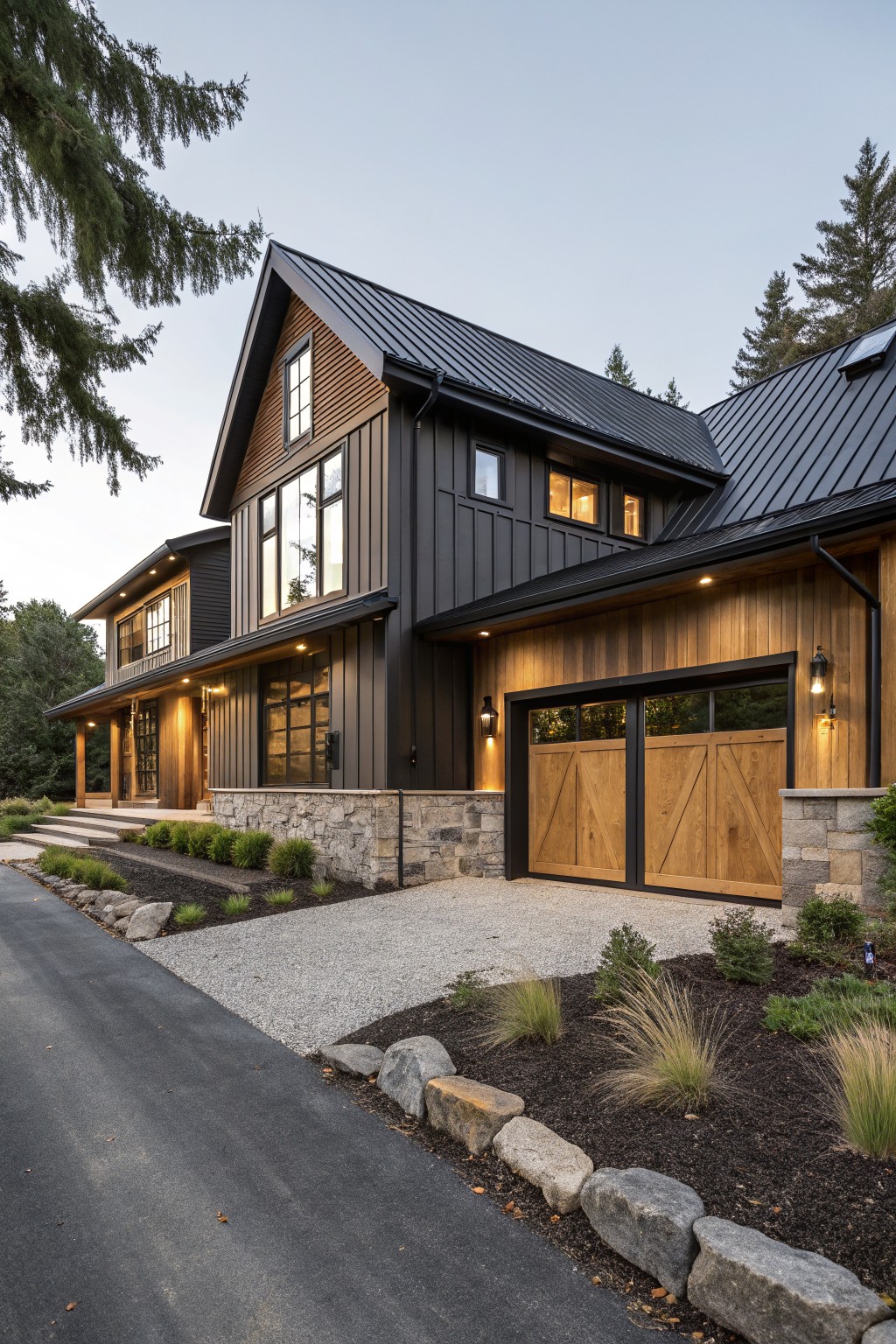 A two-story house exterior with dark gray vertical siding, black metal roof, double garage doors in warm wood tones with glass inserts, stone foundation, wood accents, and gravel driveway edged by rocks and plants amid trees.