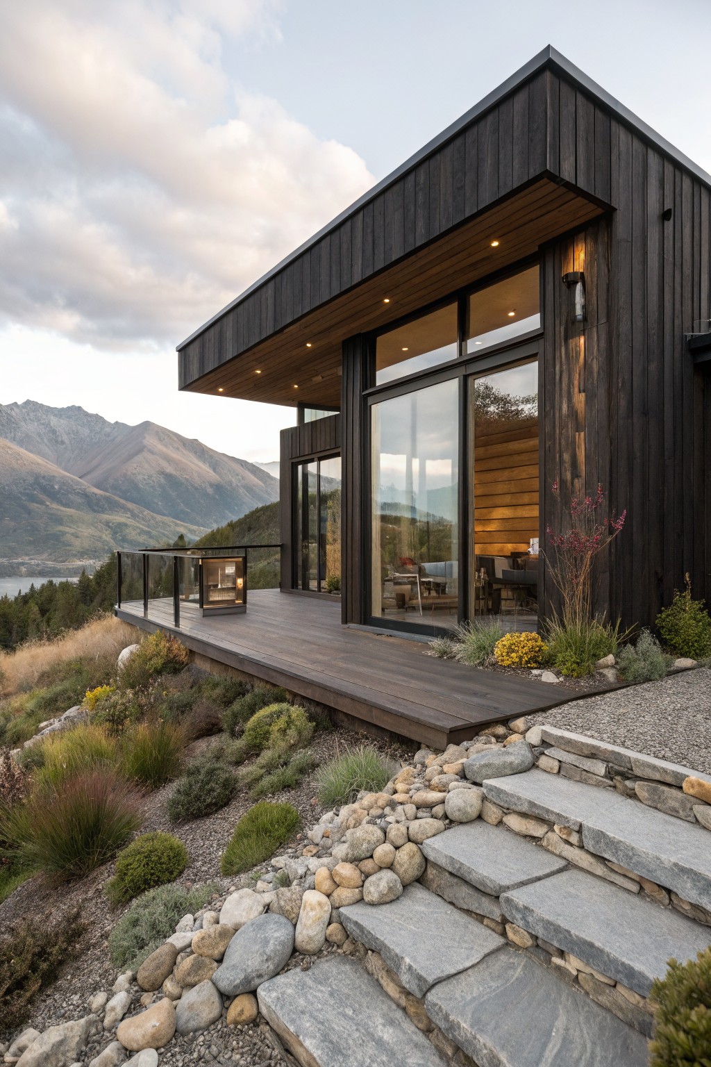 Modern house exterior with dark timber cladding, cantilevered roofline, large glass doors and windows opening to a wooden deck, stone steps amid gravel and rocks, native plants, with mountains and lake in background.