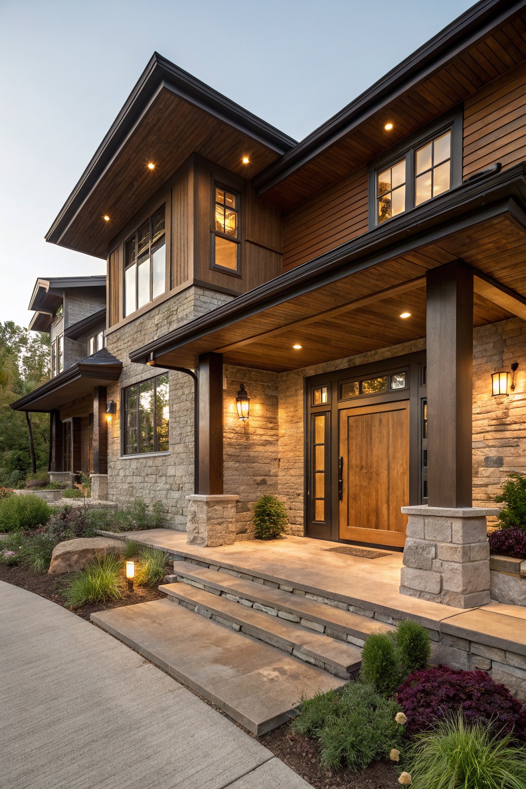 A two-story house exterior with dark wood siding and beams, light stone foundation and pillars, covered front porch, wooden entry door, stone steps, landscaped borders, and path lighting in evening light.