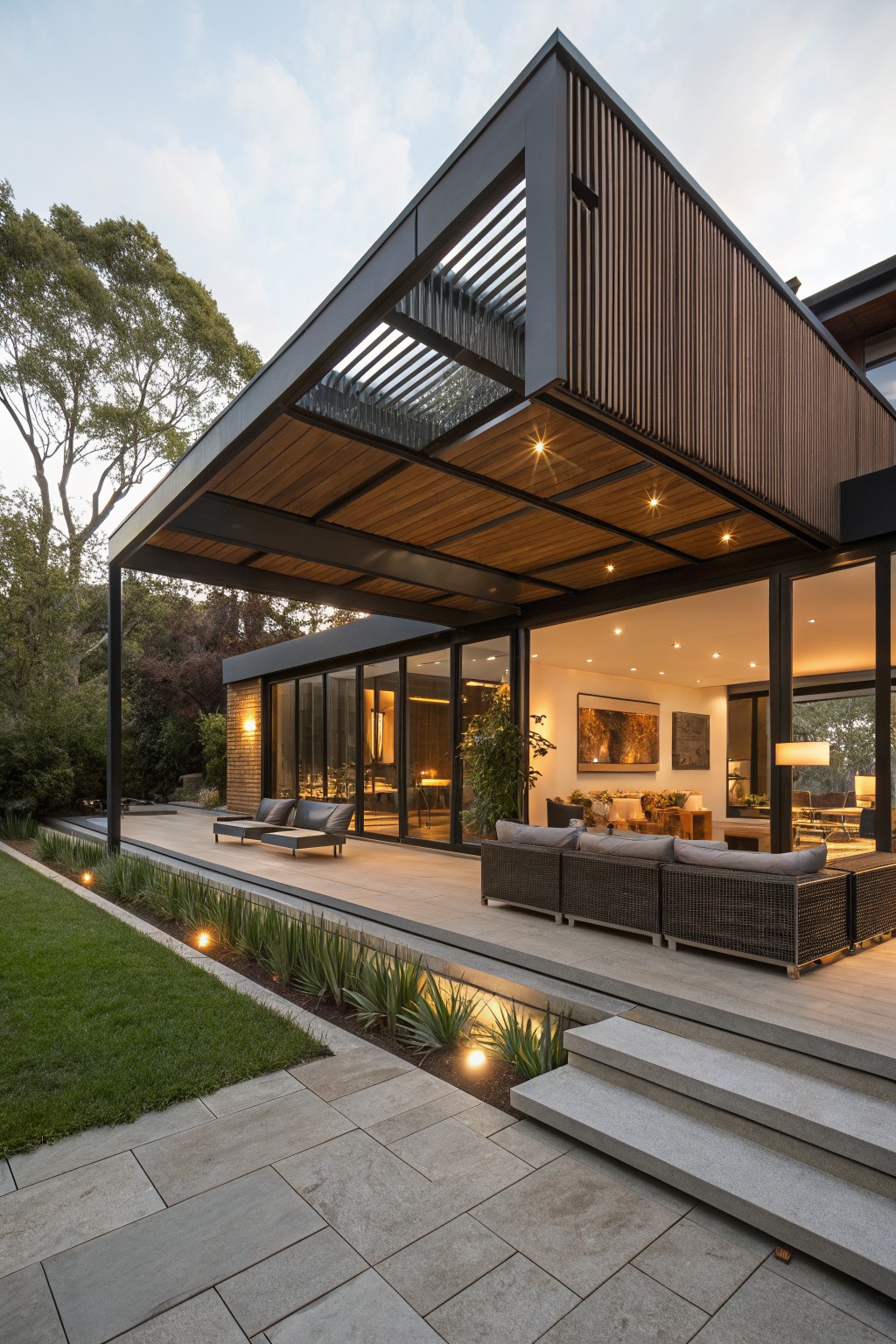 Modern house corner with dark brown vertical wood slats on walls and overhang, black metal frame supporting a covered deck, large glass doors to interior living area, outdoor seating, steps to lawn, and garden plantings.