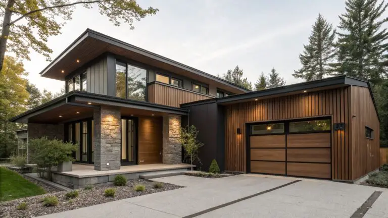 Modern two-story house exterior with dark brown vertical wood cladding, black metal accents, large windows, covered entry porch with bench, wooden garage door, stone steps, gravel driveway, and surrounding pine trees and grasses.