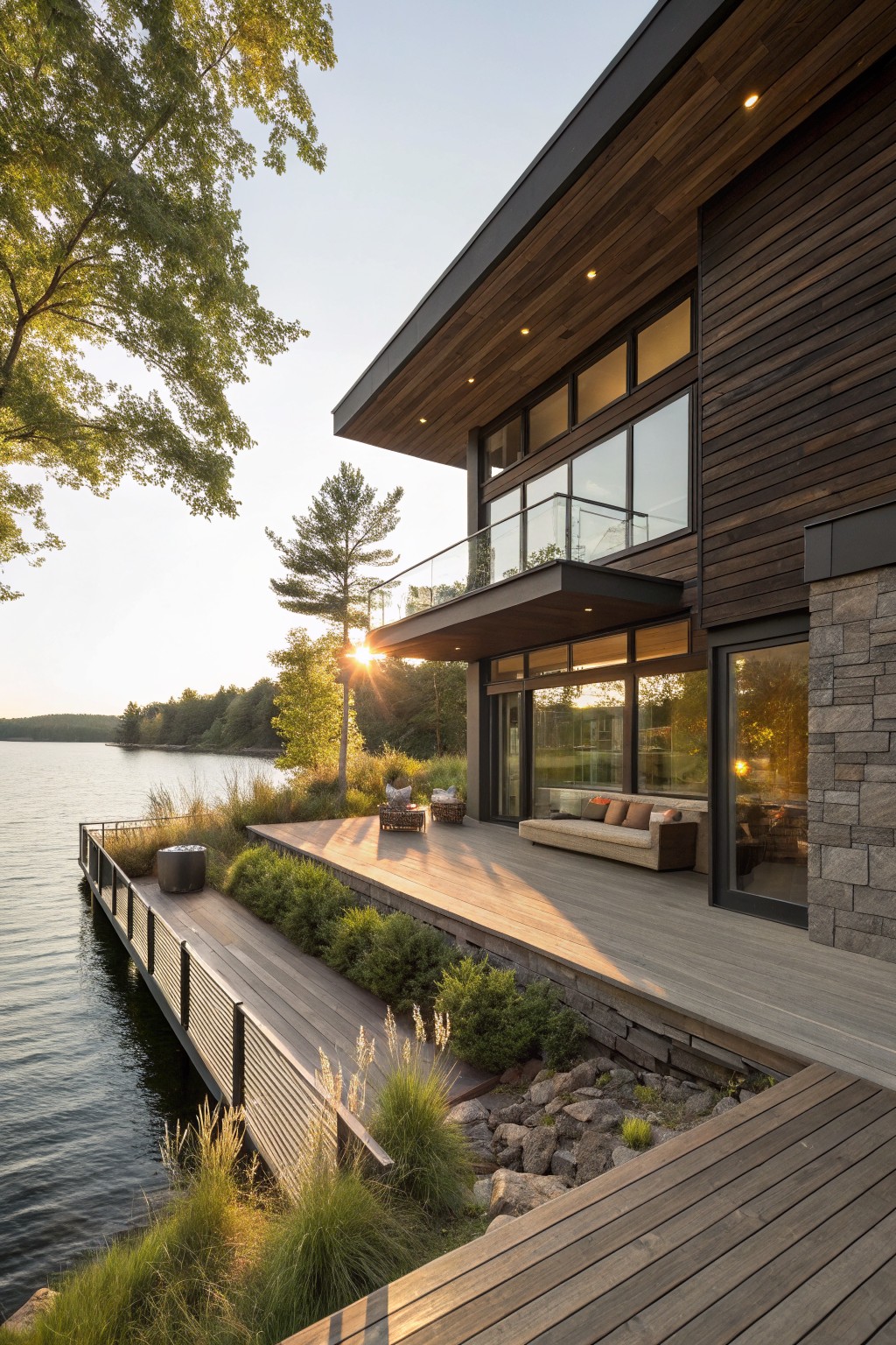 Modern two-story house exterior featuring dark brown horizontal wood siding, stone base, large glass windows and doors, cantilevered deck with seating, wooden dock over a lake, surrounded by trees and landscaping at sunset.
