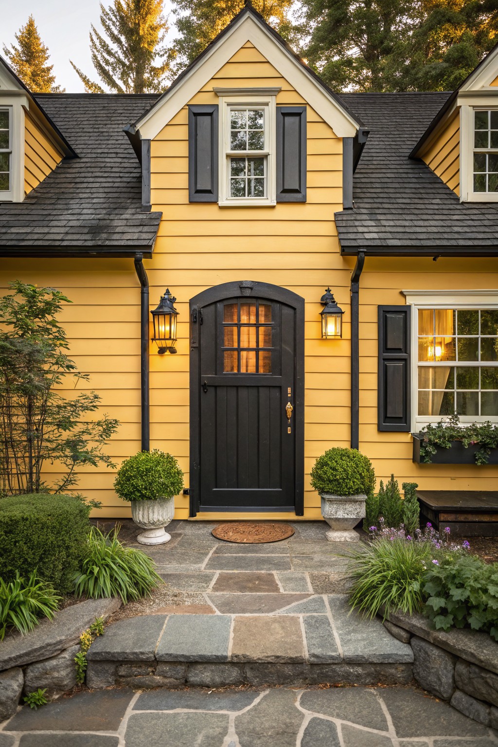 Yellow clapboard house with black trim and shutters, featuring a tall arched black front door with glass panels and brass knocker, flanked by black lanterns, potted plants, stone pathway, and surrounding landscaping.