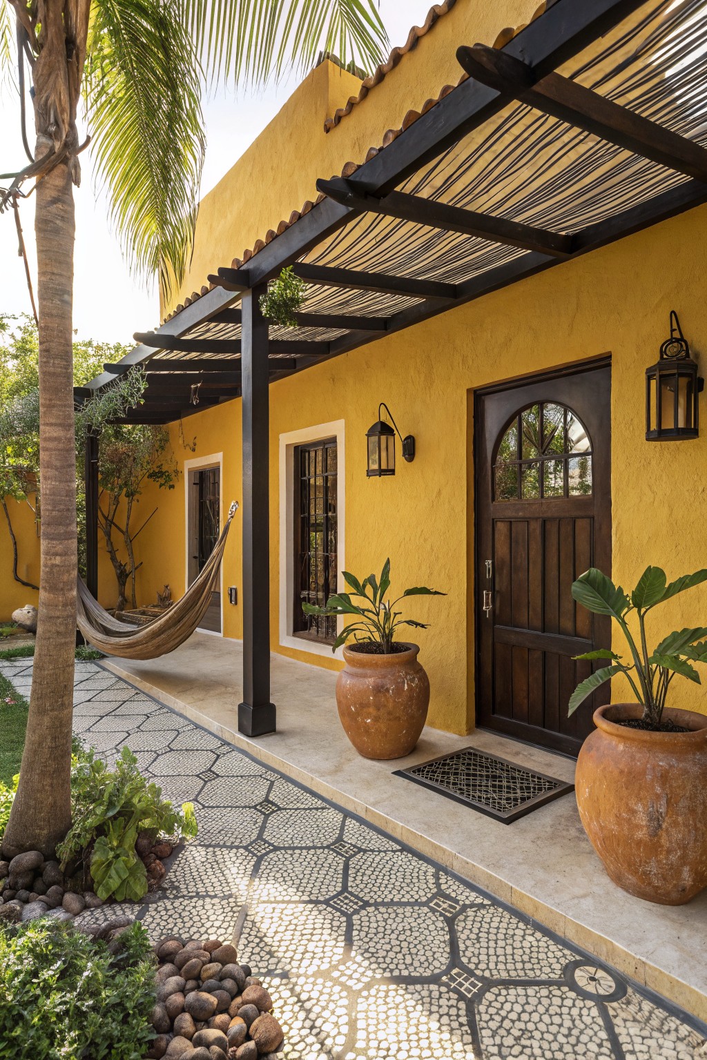 Yellow stucco house exterior with black wooden pergola and reed panels over the porch, dark wood arched door flanked by lanterns and potted plants, hammock hanging nearby, palm tree, and geometric tile path.