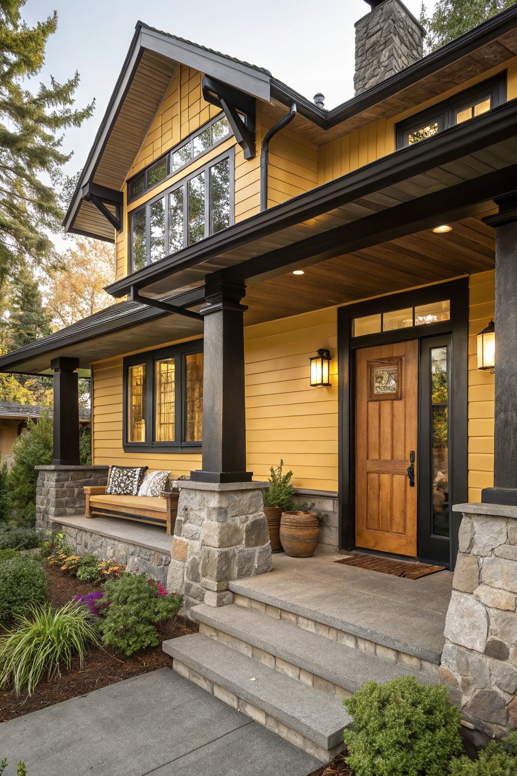 Two-story house exterior with yellow siding and black trim, featuring a covered porch with tall black columns on stone bases, wooden front door with glass panels, bench seating, potted plants, and landscaped front yard.
