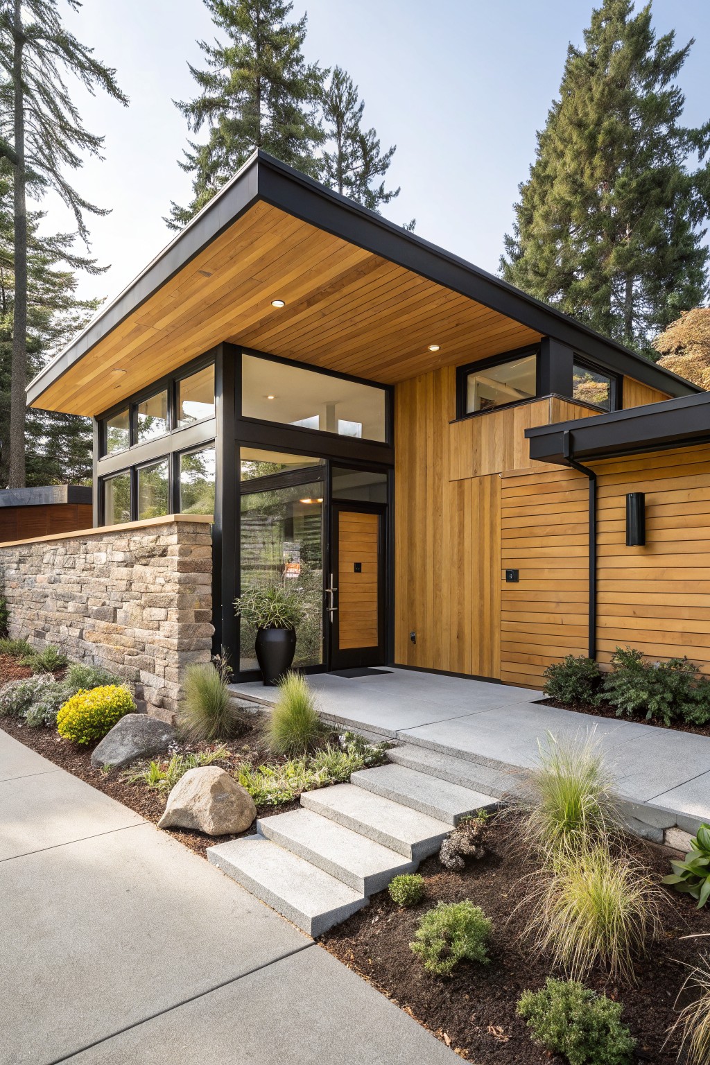 Modern single-story house exterior with golden wood vertical siding, black metal window frames and trim, large glass entry door, stone retaining wall, concrete steps, and low-maintenance landscaping including grasses and boulders.