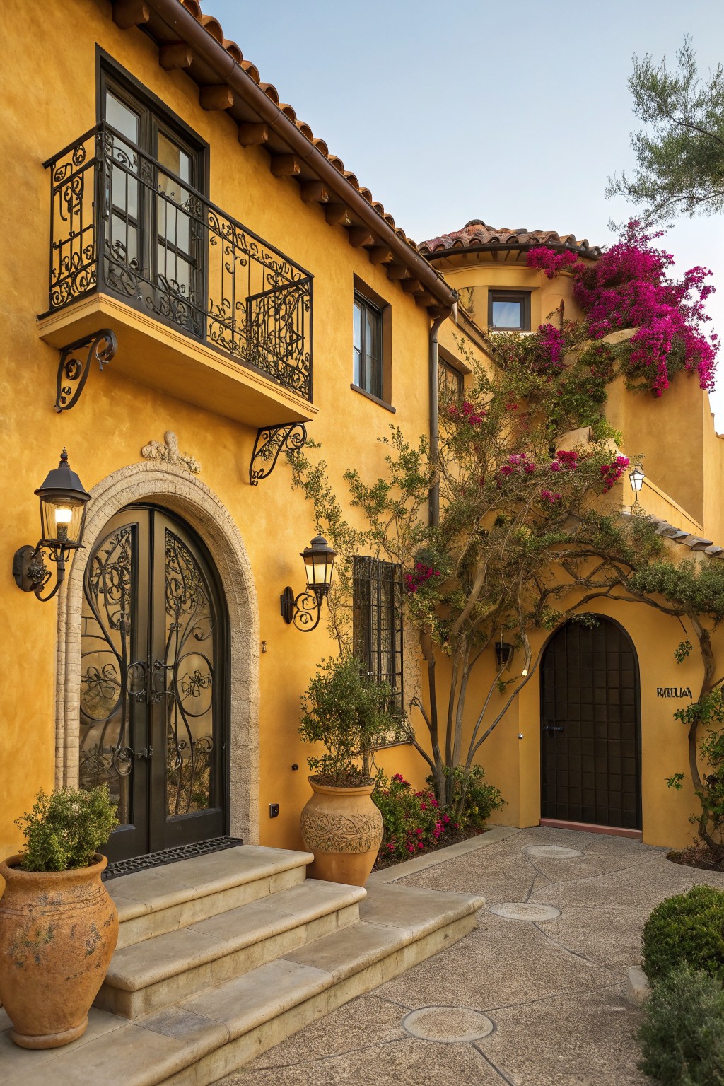 Yellow stucco house exterior featuring arched black wrought iron double doors, matching balcony railing, wall lanterns, bougainvillea vines, and potted plants beside stone entry steps.