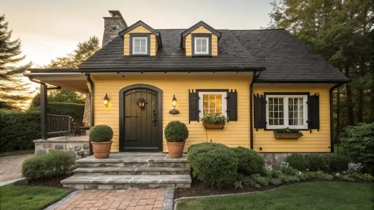 Yellow clapboard house with black trim and shutters, featuring a tall arched black front door with glass panels and brass knocker, flanked by black lanterns, potted plants, stone pathway, and surrounding landscaping.