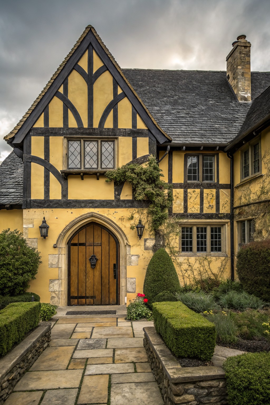 Yellow half-timbered two-story house exterior with black wooden beams, arched wooden entry door with knocker, stone pathway, boxwood hedges, ivy on walls, and lanterns under cloudy sky.