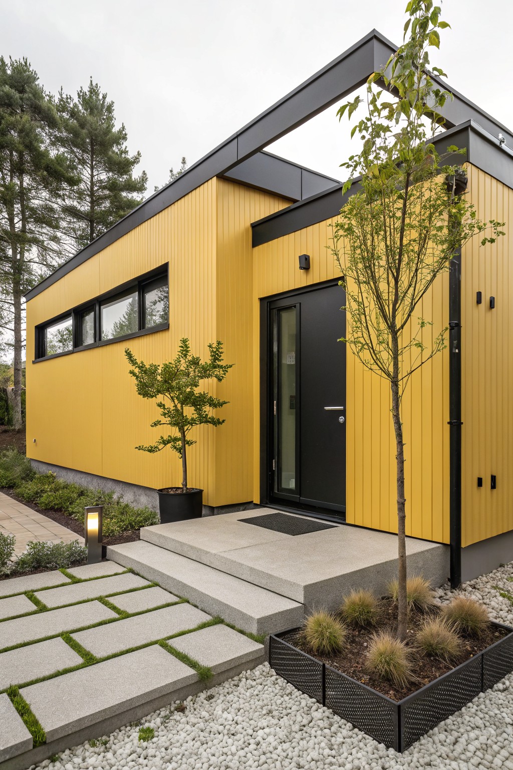 A single-story modern house with yellow vertical wood cladding, black metal roof overhang, black front door with sidelight, narrow black-framed windows, young trees, stone entry steps, and gravel landscaping.
