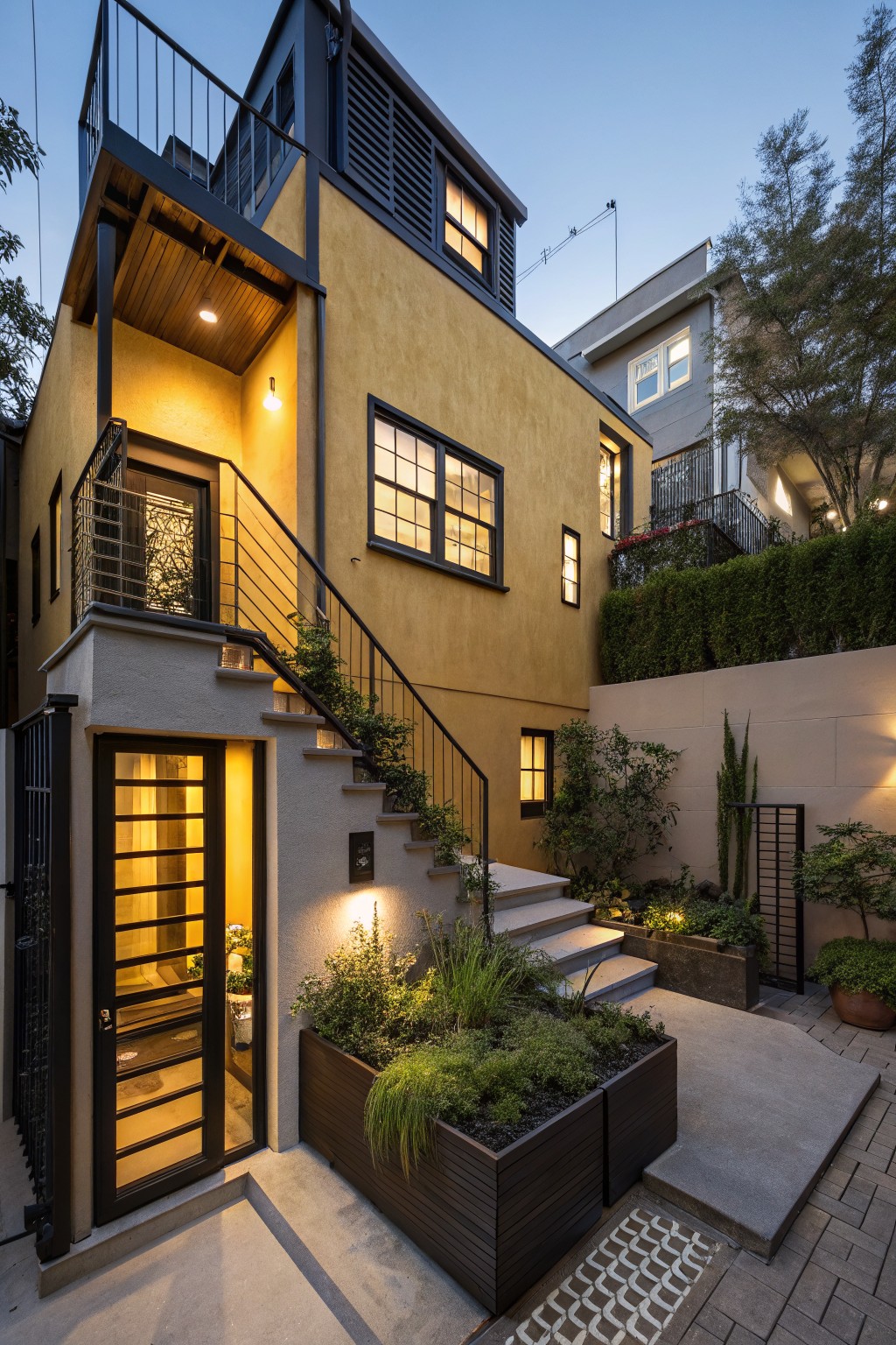 Two-story mustard yellow house exterior with black-trimmed windows, doors, railings, and entry staircase surrounded by potted plants and landscaping at dusk.