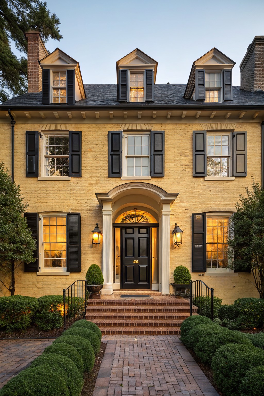 A two-story yellow brick house with black shutters on the windows and dormers, an arched entry porch with black door and lanterns, flanked by boxwood shrubs and a brick path leading to steps at dusk.