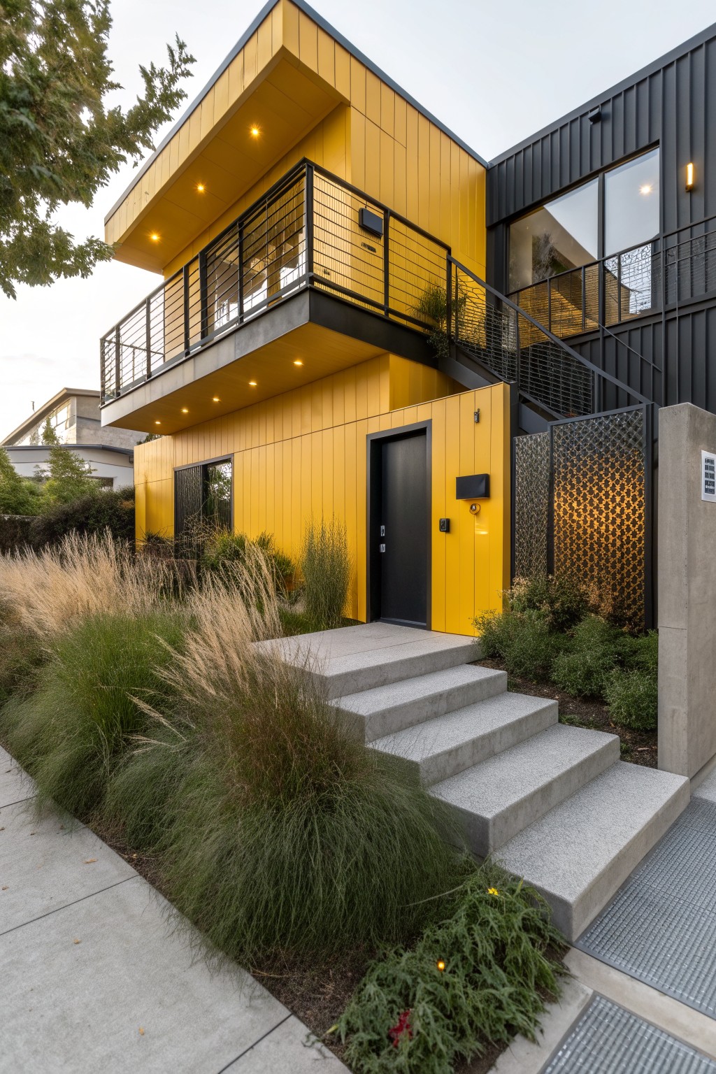 Modern two-story house with yellow vertical cladding on the left side, black cladding on the right, black front door, metal balcony railing above, concrete steps to the entry, and ornamental grasses in the front yard.
