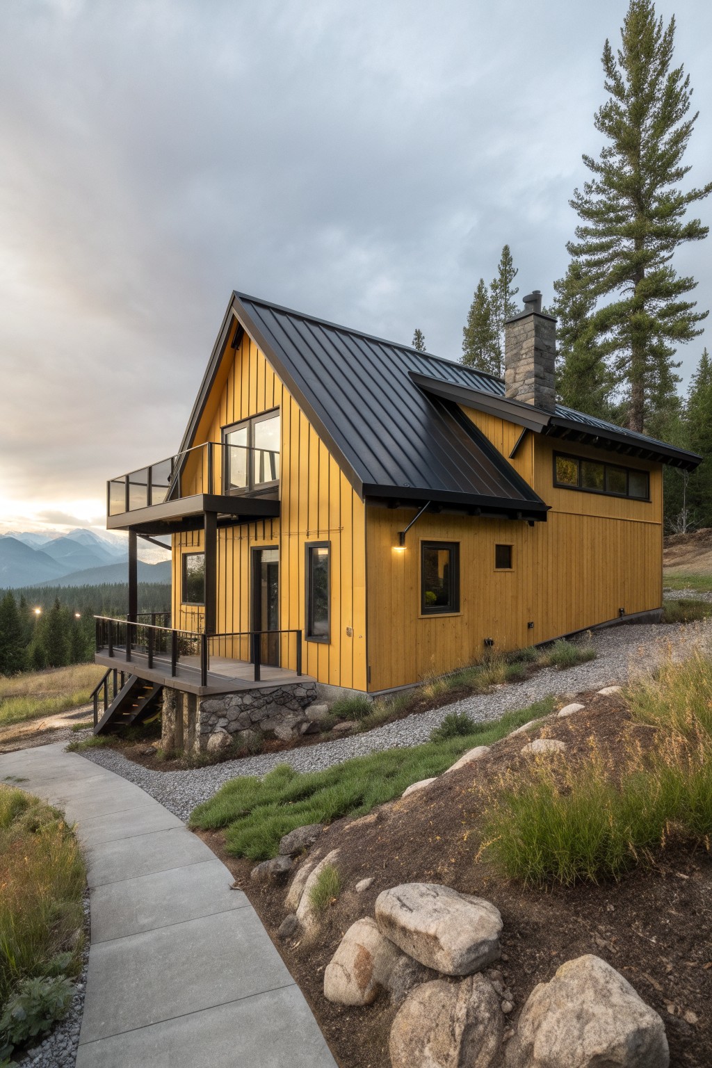 A two-story yellow wooden house with black metal roof, black-framed windows, glass balcony, and stone chimney sits on a rocky hillside surrounded by pine trees, gravel paths, and distant mountains under a cloudy sky.